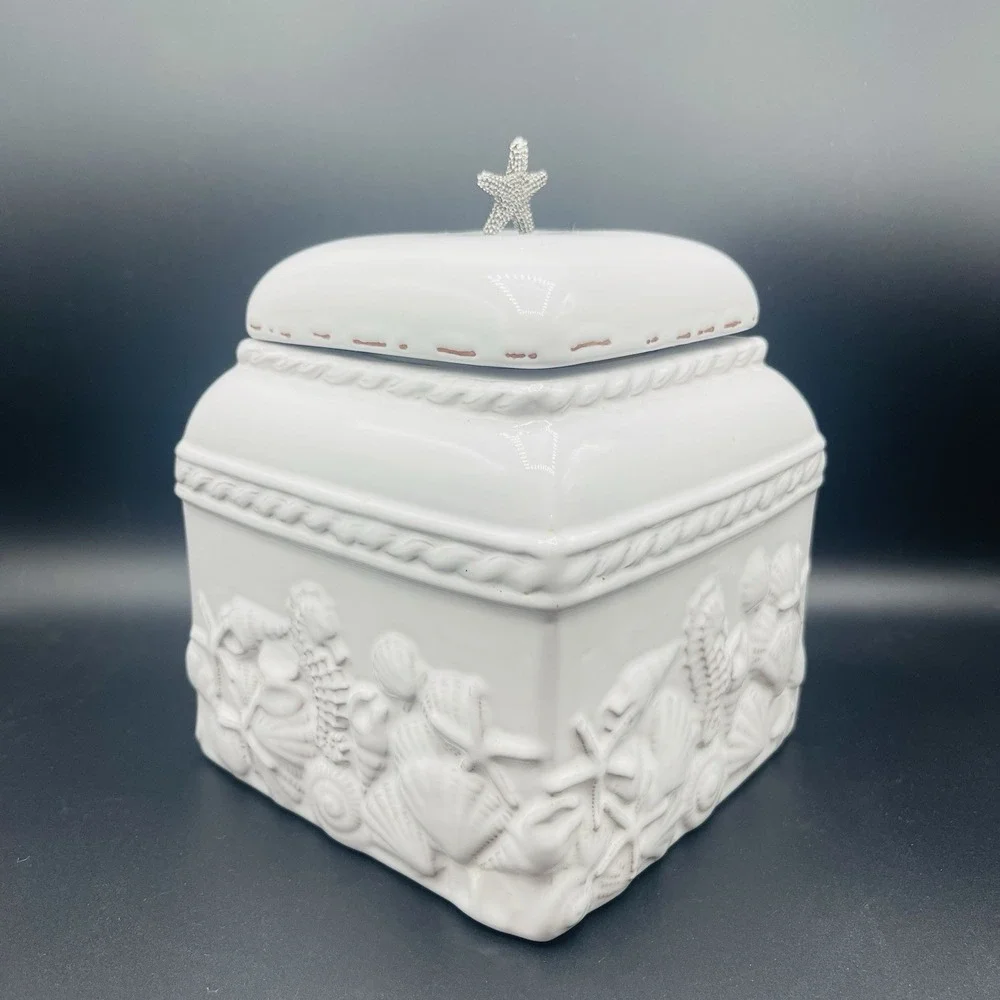 Mud Pie Starfish Sanibel White Canister  Coastal Beach Kitchen Ceramic